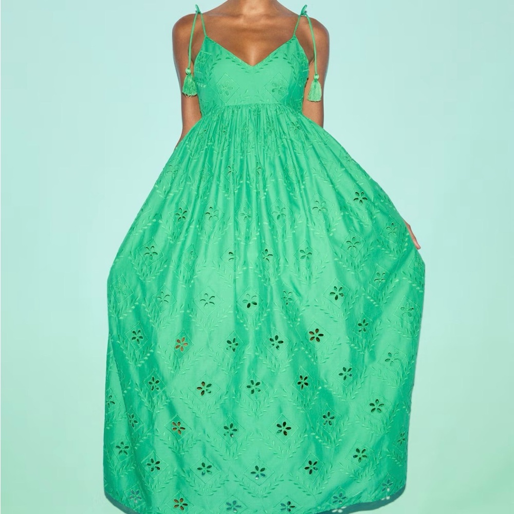 Green Eyelet Maxi Dress with Tie Straps